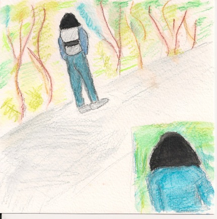 The larger depiction is from the back showing the "backpack". The inset shows the front view with solid black head area, no gradation. My little depiction shows blue clothing. In honesty this was muddier and grayish in color.